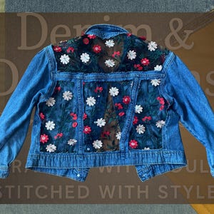 Upcycled Denim Jacket with Sheer Floral Embroidered Back – Boho Garden Party Style