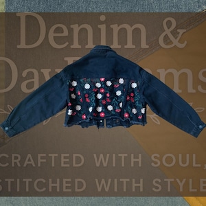 Cropped Black Denim Jacket with Sheer Floral Embroidered Back – Boho Statement Piece