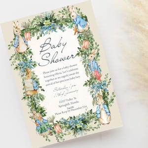 Convite para chá de bebê do Peter Rabbit, convite digital para impressão, tema caprichoso editável, modelo de festa de chá de bebê personalizável