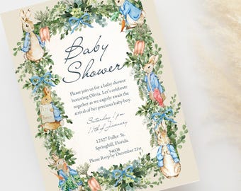 Peter Rabbit Baby Shower Invitation, Digital Printable Invite, Editable Whimsical Theme, Customizable Baby Shower Party Template