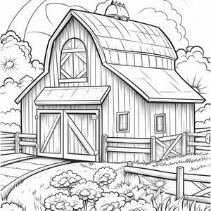 Pu&ograve; includere: Un disegno in bianco e nero di un fienile in legno con un grande portone doppio, due finestre e una cupola sul tetto. Il fienile &egrave; circondato da una recinzione in legno e un campo di fiori.