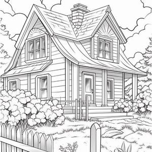 Pu&ograve; includere: Un disegno in bianco e nero di una casa con una staccionata bianca e un giardino con cespugli. La casa ha un tetto a due falde, un camino e un portico.