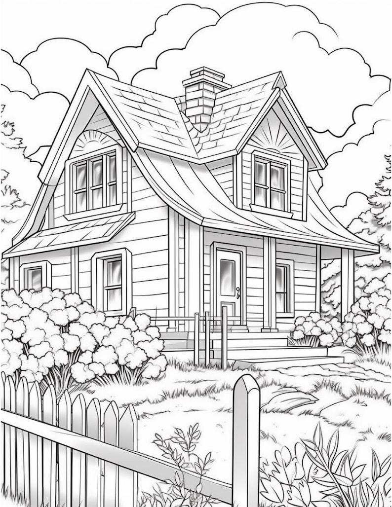 Pu&ograve; includere: Un disegno in bianco e nero di una casa con una staccionata bianca e un giardino con cespugli. La casa ha un tetto a due falde, un camino e un portico.