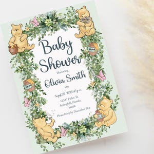 Invitación clásica para baby shower de Winnie the Pooh, invitación editable con vegetación, descarga digital, plantilla de invitación de osito caprichoso para niños o niñas.