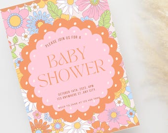 May include: A pink and orange baby shower invitation with a floral pattern and the text "PLEASE JOIN US FOR A BABY SHOWER OCTOBER 14TH, 2022, 4PM 123 ANYWHERE ST., ANY CITY. RSVP TO JANE AT 123 456 7890"