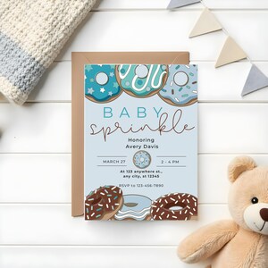 Convite Baby Sprinkle Donut, modelo editável Canva, convite para chá de bebê azul