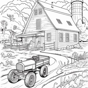 Pu&ograve; includere: Un disegno in bianco e nero di una scena di fattoria con un fienile, un silo e un piccolo camion che guida su una strada sterrata. Il fienile ha un grande portone e diverse finestre. Il silo &egrave; alto e cilindrico. Il camion ha un pianale e quattro ruote.