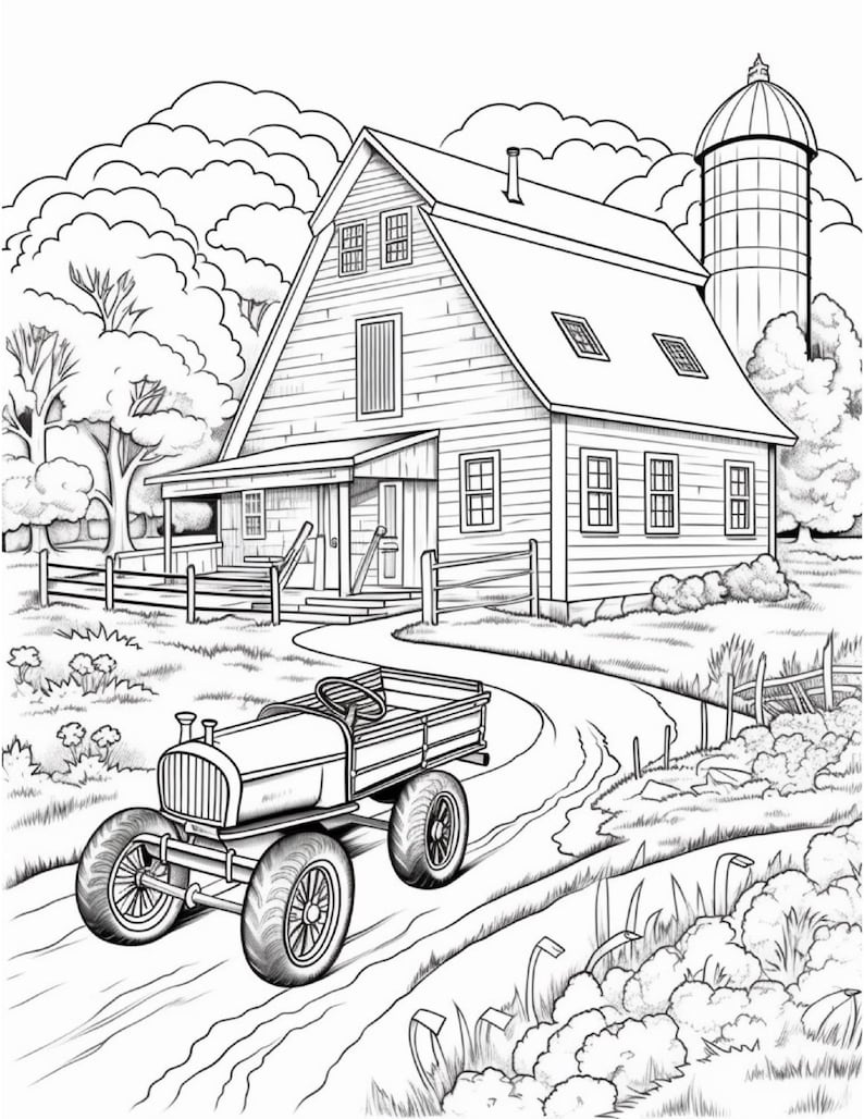 Pu&ograve; includere: Un disegno in bianco e nero di una scena di fattoria con un fienile, un silo e un piccolo camion che guida su una strada sterrata. Il fienile ha un grande portone e diverse finestre. Il silo &egrave; alto e cilindrico. Il camion ha un pianale e quattro ruote.