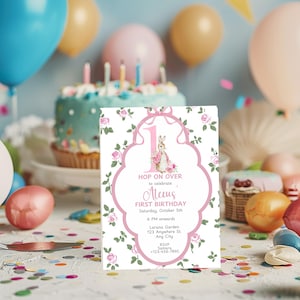Rosa Kaninchen-erste Geburtstagseinladung, Hop-On-Over-Einladung, Peter Rabbit-Geburtstagsfeier, Blumen 1. Geburtstag, bearbeitbare Vorlage