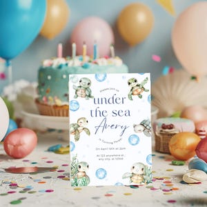 Convite de aniversário sob o mar, convite para festa de tartaruga marinha, download digital, cartão de aniversário para impressão, festa infantil com tema de oceano