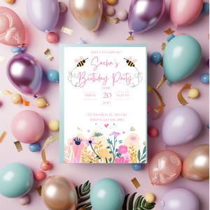 Convite de aniversário de abelha para menina | Convite editável para festa de primavera | Tema de abelha fofo para impressão | Modelo digital para aniversário infantil para download