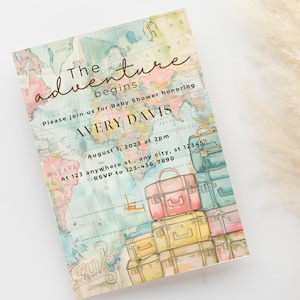 Das Abenteuer beginnt Babyparty Einladung - Travel Theme Map & Gepäck Printable