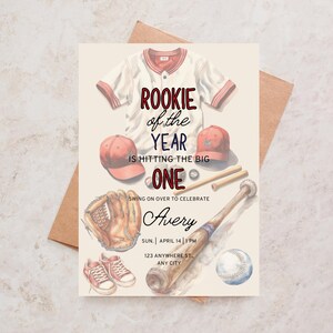 Rookie of the Year First Birthday Party Invitation - Baseball Themed ...