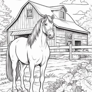 Pu&ograve; includere: Un disegno in bianco e nero di un cavallo in piedi in un campo di fronte a un fienile di legno. Il cavallo &egrave; rivolto verso lo spettatore e ha un guinzaglio. Il fienile ha un grande portone e una finestra pi&ugrave; piccola. Ci sono alberi e nuvole sullo sfondo.