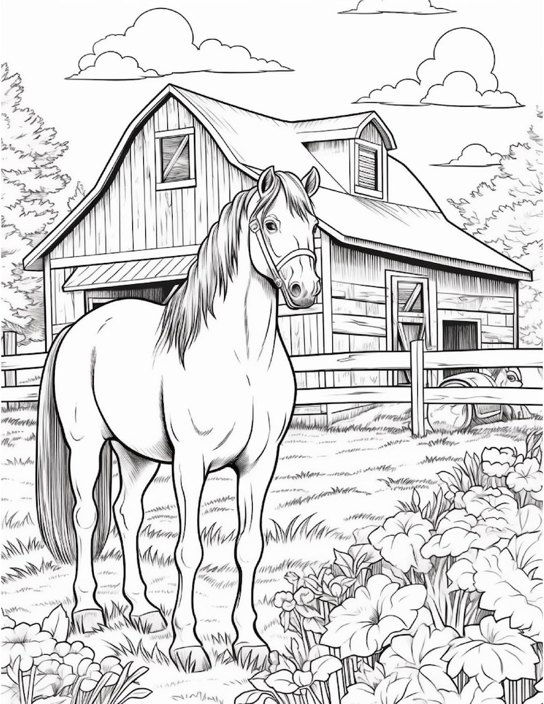 Pu&ograve; includere: Un disegno in bianco e nero di un cavallo in piedi in un campo di fronte a un fienile di legno. Il cavallo &egrave; rivolto verso lo spettatore e ha un guinzaglio. Il fienile ha un grande portone e una finestra pi&ugrave; piccola. Ci sono alberi e nuvole sullo sfondo.