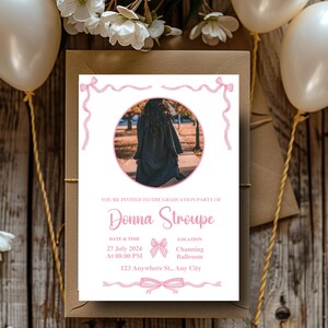 Pink Bow Graduation Invitation Editable Canva Template Digital Grad Party Invite High School College University Graduation Invitation