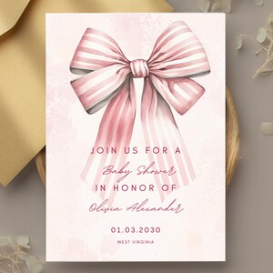 Invito per baby shower con fiocco rosa elegante stampabile, design personalizzabile
