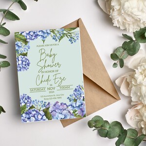 Baby in Bloom Blue Hydrangea Printable Baby Shower Invitation Digital Download