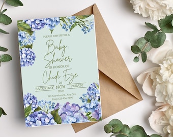 Baby in Bloom Blue Hydrangea Printable Baby Shower Invitation Digital Download