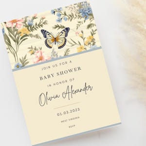 Invitation florale de baby shower de papillon, téléchargement numérique modifiable, baby shower, thé, baby shower en plein air, beurre jaune Garden Party, baby shower