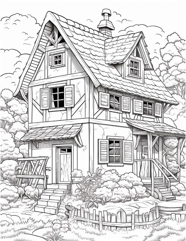 Pu&ograve; includere: Un disegno in bianco e nero di un incantevole cottage con un tetto a forte pendenza, pi&ugrave; finestre e un piccolo portico. Il cottage &egrave; circondato da una vegetazione lussureggiante e una staccionata.