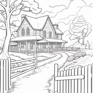 Pu&ograve; includere: Un disegno in bianco e nero di una casa con un portico e una recinzione. La casa &egrave; circondata da alberi e cespugli. Un sentiero tortuoso conduce alla porta d'ingresso.