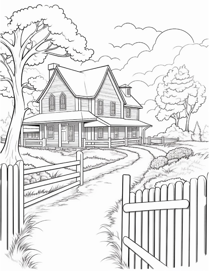 Pu&ograve; includere: Un disegno in bianco e nero di una casa con un portico e una recinzione. La casa &egrave; circondata da alberi e cespugli. Un sentiero tortuoso conduce alla porta d'ingresso.