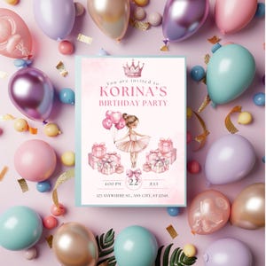 Convite Elegante de Aniversário de Bailarina | Convite para Festa de Balé Rosa | Festa de Princesa para Meninas para Festa de Aniversário de Bailarina Tema Rosa