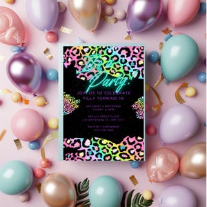 Neon Leopard Geburtstagseinladung | Regenbogen Animal Print Party einladen | 16. Geburtstag Printable | Digitaler Download für Trendy Hosts Bearbeitbar