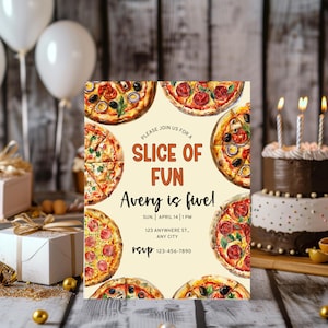 Convite de aniversário de pizza | Convite para festa de pizza editável do Canva | Modelo divertido de aniversário infantil, convite para festa moderno, noite de pizza, aniversário de pré-adolescente