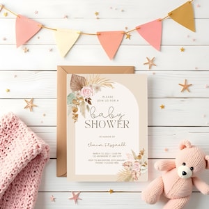 Modern Boho Baby Shower Invitation Neutral Pampas Design Aesthetic Party Invite Neutral Chic Elegant Baby Shower Warm Neutral Theme