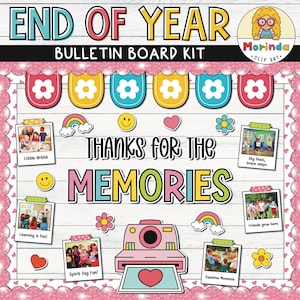 May include: A pink and white bulletin board kit with the text "End of Year Bulletin Board Kit" and "Thanks for the Memories". The kit includes a variety of colorful images and decorations, including flowers, rainbows, and a camera.