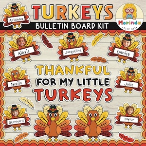 Thanksgiving Bulletin board Printable | Turkeys  Bulletin board | Thankful for | fall Autumn Classroom decor | Name tags | Fall Activity