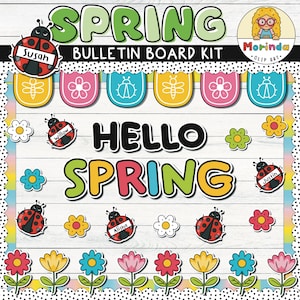 Spring Bulletin Board Printable | Ladybug Bulletin board | Flowers | Hello Spring Bulletin board | Classroom Door Decor | Name tags