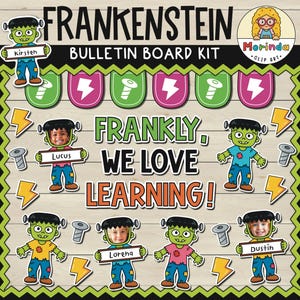 Puede incluir: Kit de tablón de anuncios con temática de Frankenstein con personajes de dibujos animados de Frankenstein, rayos, tornillos y el texto "Frankly, We Love Learning!". Incluye nombres.