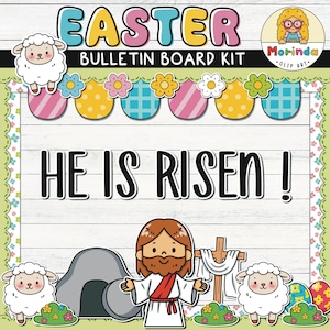 Resurrection Bulletin Board Printable | Easter Bulletin board | He is risen Bulletin board | Jesus | Lamb | Spring | Classroom Door Decor