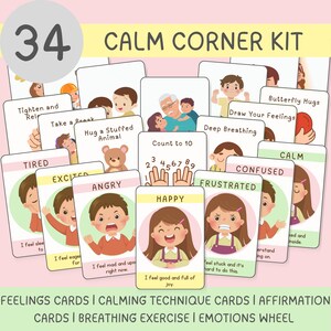 Self Control Activity for Kids, Feelings Flashcards, Breathing Exercise Cards, Emotional Regulation Cards, Emotions Wheel Page PDF