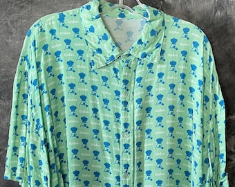 Vintage novelty print Weber Kettle Grill shirt teal blue aqua Large XXL XXXL