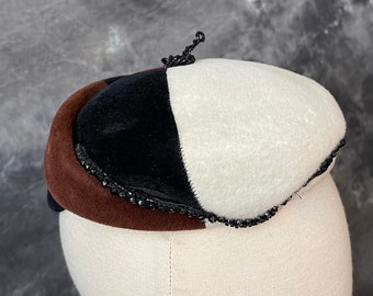 Vintage 1950’s Gladys and George tri colour brown white black hat wool velour beads