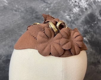 Vintage 1950’s brown wool felt floral Juliet cap gold braid