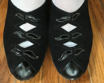 Vintage 1930's pumps black suede patent 8 1/2 AAA