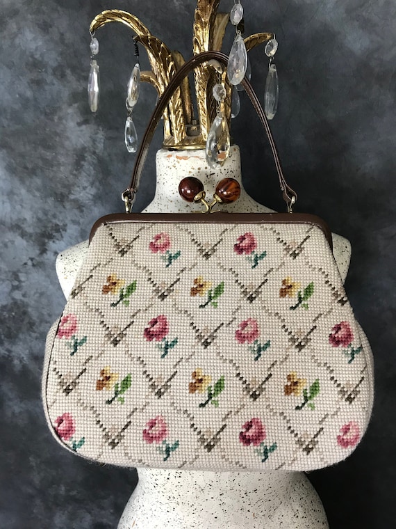 Vintage 1960's crosstitch handbag brown cream pin… - image 1