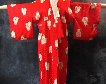 Vintage juban kimono red novelty print Gosho dolls nagajuban