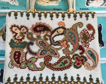Vintage 1960's Rosenfeld paisley needle point and off white leather handbag red green turquoise burgundy mauve maroon