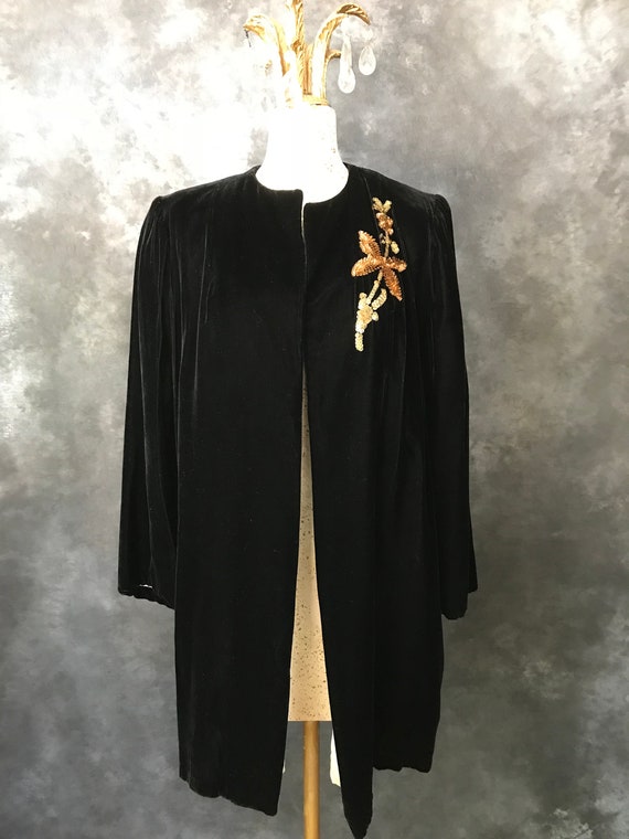Vintage 1940's Black velvet gold sequins evening c