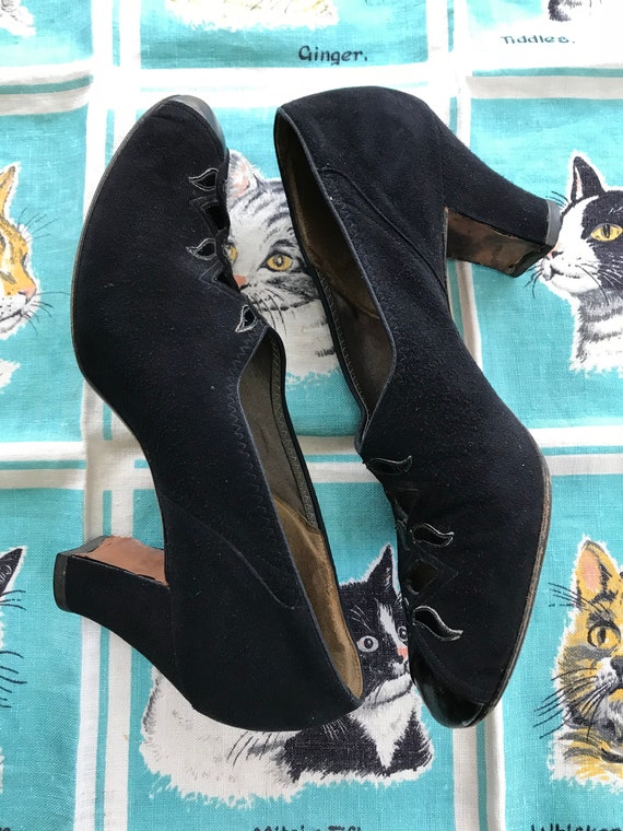 Vintage 1930's pumps black suede patent 8 1/2 AAA - image 5