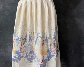 Vintage novelty border print skirt parrots boats asian