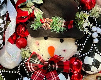Snowy Snowman Christmas Wreath – Handmade Holiday Winter Door Decor