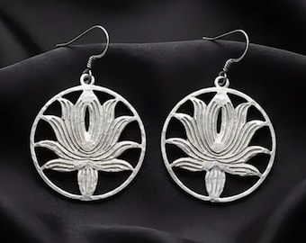 925 Sterling Silver Lotus Flower Dangle Earrings: Boho Yoga Jewelry
