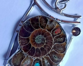 Sterling Silber Ammonit Fossil Anhänger - Handwerklich gefertigt Statement Schmuck